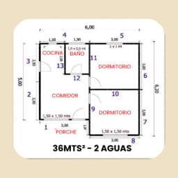 Casa Prefabricada 36 m² con Techo 2 Aguas — Plano de arquitectura y distribución