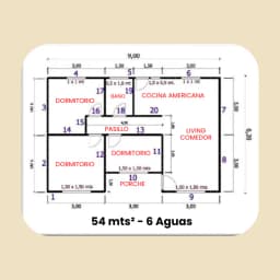 Casa Prefabricada 54 m² con Techo 6 Aguas — Plano de arquitectura y distribución