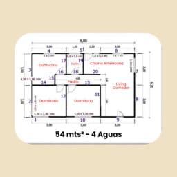 Casa Prefabricada 54 m² con Techo 4 Aguas — Plano de arquitectura y distribución