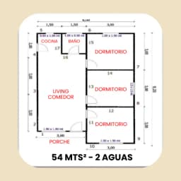 Casa Prefabricada 54 m² con Techo 2 Aguas — Plano de arquitectura y distribución