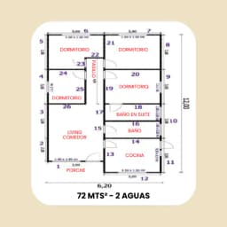 Casa Prefabricada 72 m² con Techo 2 Aguas — Plano de arquitectura y distribución
