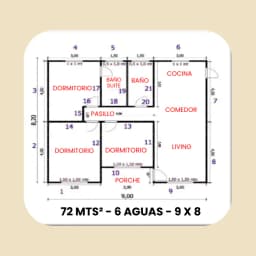 Casa Prefabricada 72 m² con Techo 6 Aguas (9×8) — Plano de arquitectura y distribución