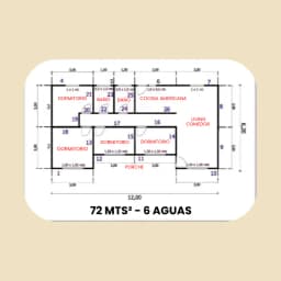 Casa Prefabricada 72 m² con Techo 6 Aguas (12 m) — Plano de arquitectura y distribución