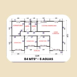 Casa Prefabricada 84 m² con Techo 6 Aguas — Plano de arquitectura y distribución